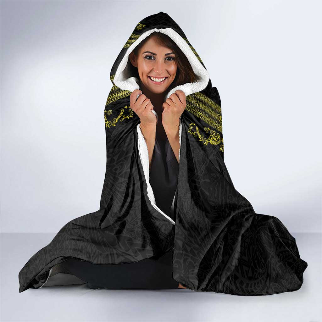 Philippines Barong Style Hooded Blanket with Polynesian Art and Leaf Motif Black-Gold Color