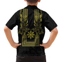 Philippines Barong Style Kid Hawaiian Shirt with Polynesian Art and Leaf Motif Black-Gold Color