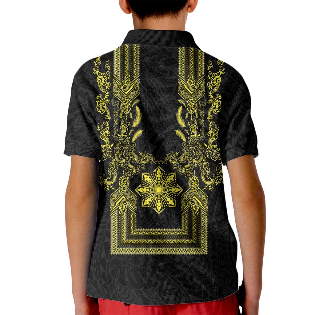 Philippines Barong Style Kid Polo Shirt with Polynesian Art and Leaf Motif Black-Gold Color