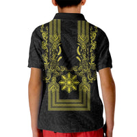 Philippines Barong Style Kid Polo Shirt with Polynesian Art and Leaf Motif Black-Gold Color