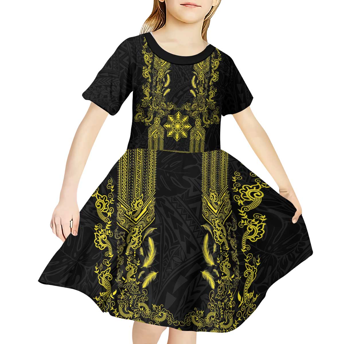 Philippines Barong Style Kid Short Sleeve Dress with Polynesian Art and Leaf Motif Black-Gold Color