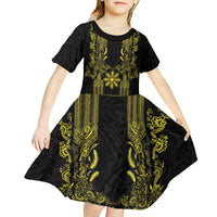 Philippines Barong Style Kid Short Sleeve Dress with Polynesian Art and Leaf Motif Black-Gold Color