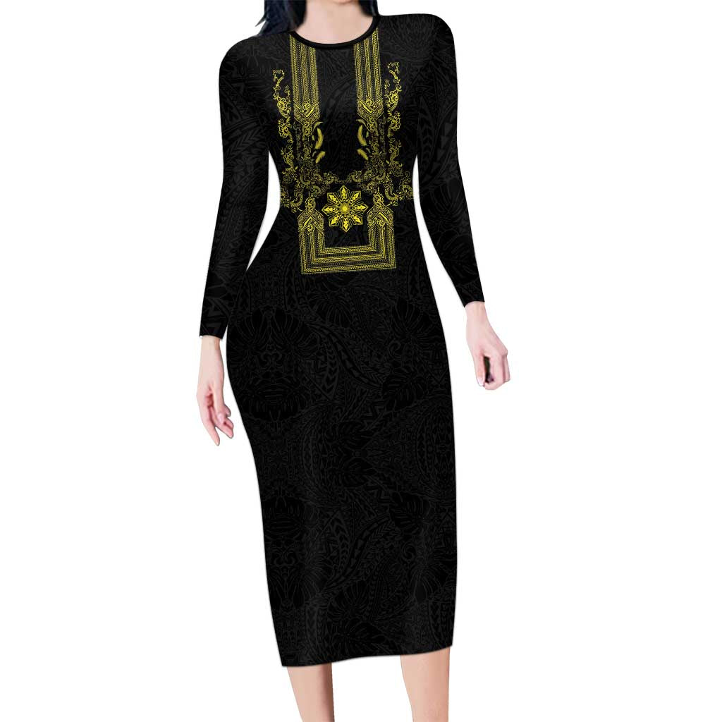 Philippines Barong Style Long Sleeve Bodycon Dress with Polynesian Art and Leaf Motif Black-Gold Color