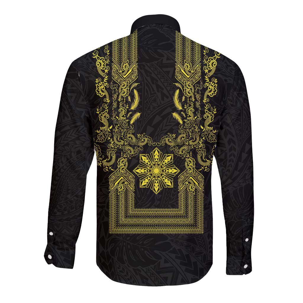 Philippines Barong Style Long Sleeve Button Shirt with Polynesian Art and Leaf Motif Black-Gold Color