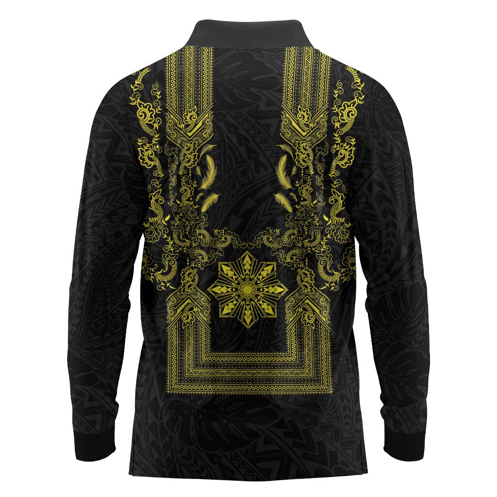 Philippines Barong Style Long Sleeve Polo Shirt with Polynesian Art and Leaf Motif Black-Gold Color