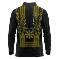 Philippines Barong Style Long Sleeve Polo Shirt with Polynesian Art and Leaf Motif Black-Gold Color