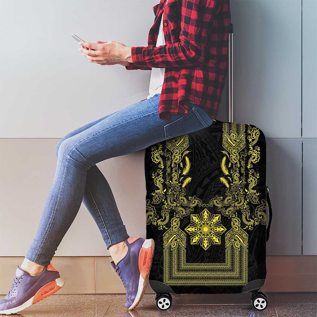 Philippines Barong Style Luggage Cover with Polynesian Art and Leaf Motif Black-Gold Color