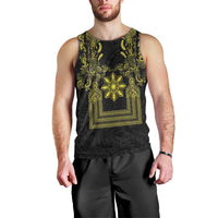 Philippines Barong Style Men Tank Top with Polynesian Art and Leaf Motif Black-Gold Color