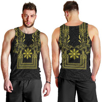 Philippines Barong Style Men Tank Top with Polynesian Art and Leaf Motif Black-Gold Color