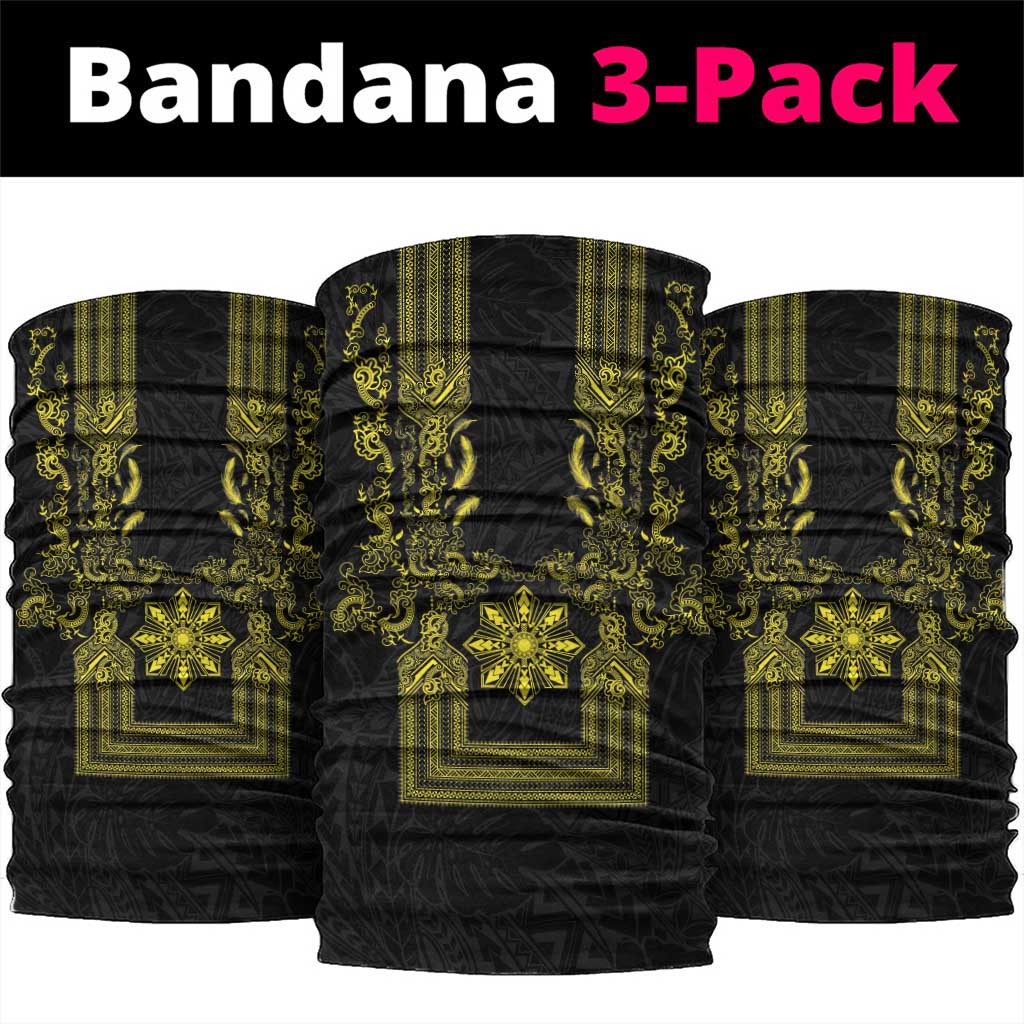 Philippines Barong Style Neck Gaiter with Polynesian Art and Leaf Motif Black-Gold Color