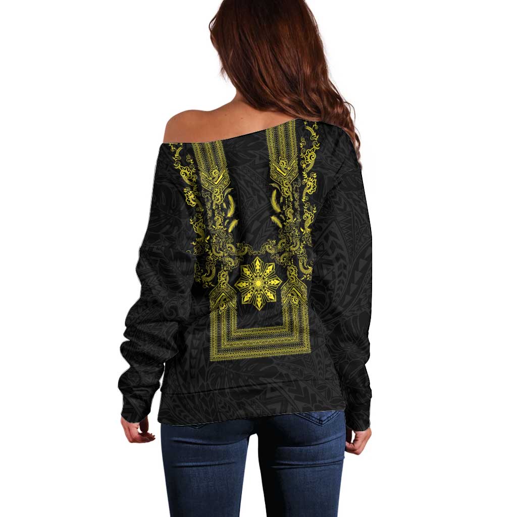 Philippines Barong Style Off Shoulder Sweater with Polynesian Art and Leaf Motif Black-Gold Color