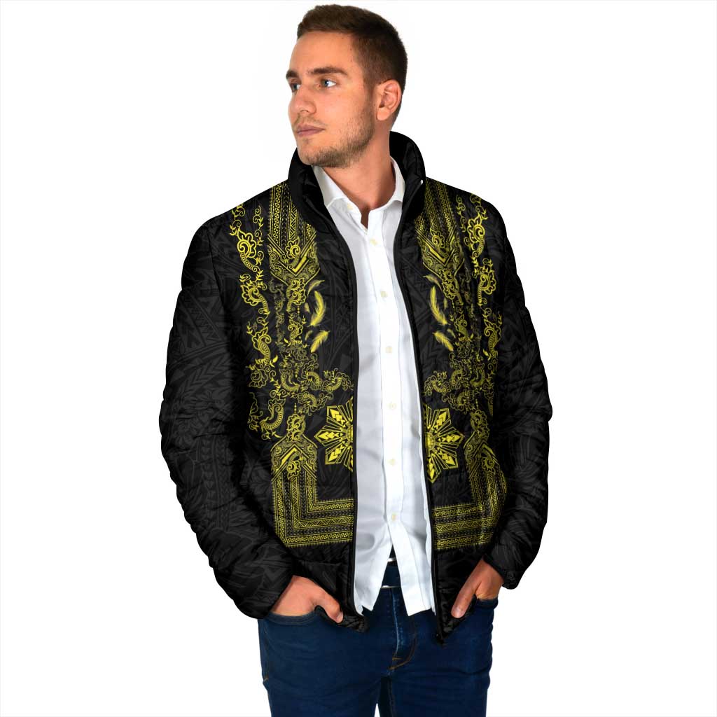 Philippines Barong Style Padded Jacket with Polynesian Art and Leaf Motif Black-Gold Color