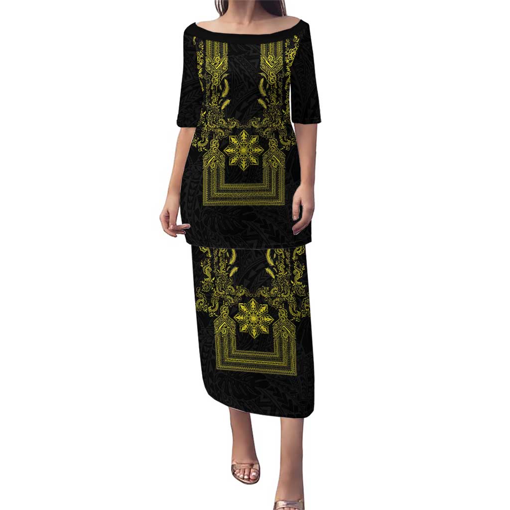 Philippines Barong Style Puletasi with Polynesian Art and Leaf Motif Black-Gold Color