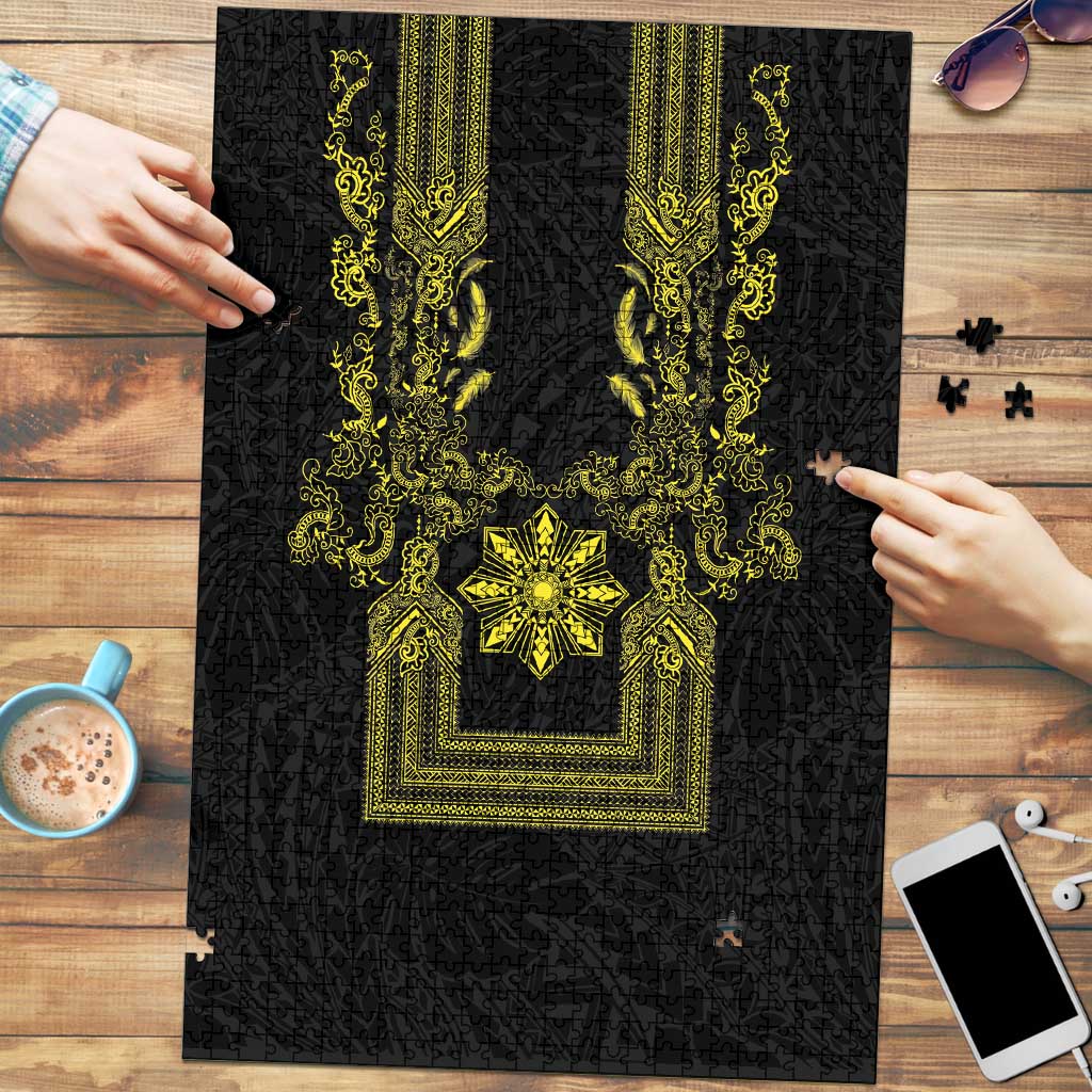 Philippines Barong Style Puzzle with Polynesian Art and Leaf Motif Black-Gold Color