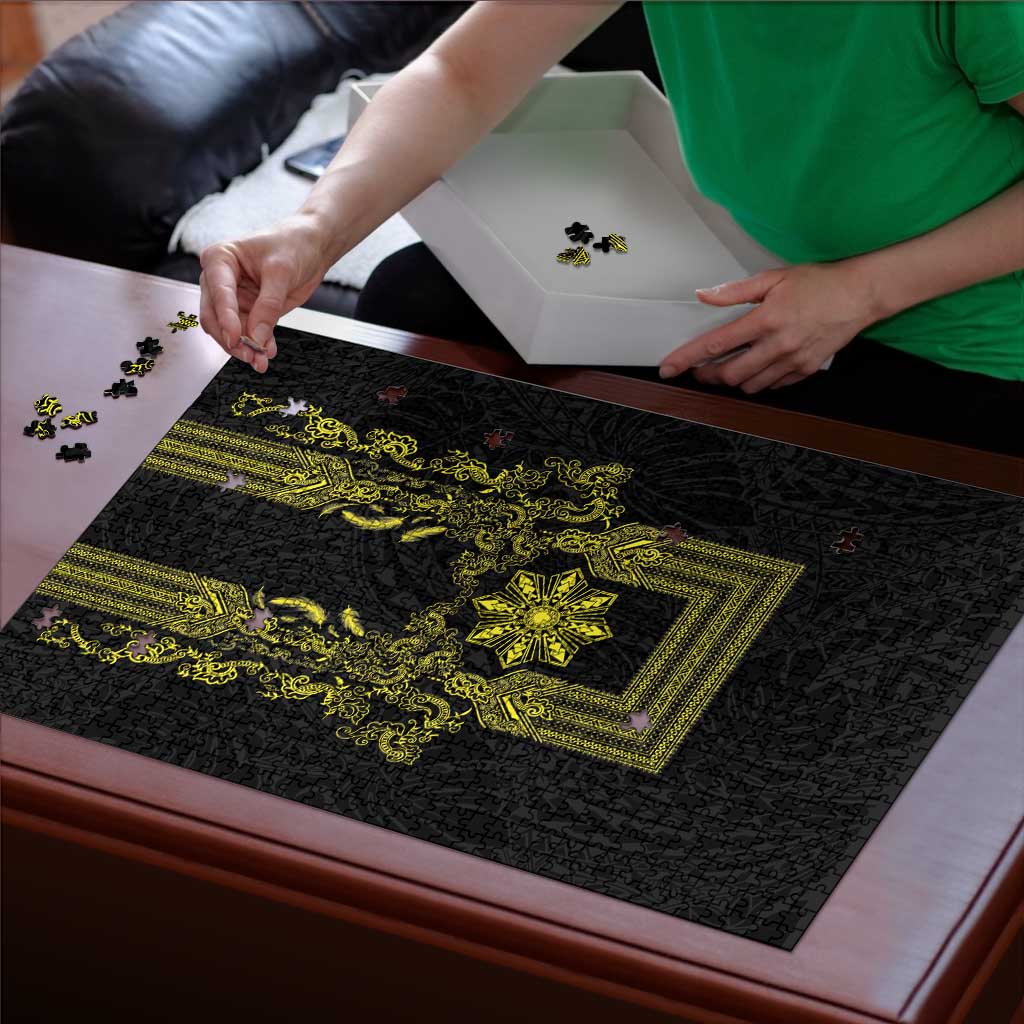 Philippines Barong Style Puzzle with Polynesian Art and Leaf Motif Black-Gold Color