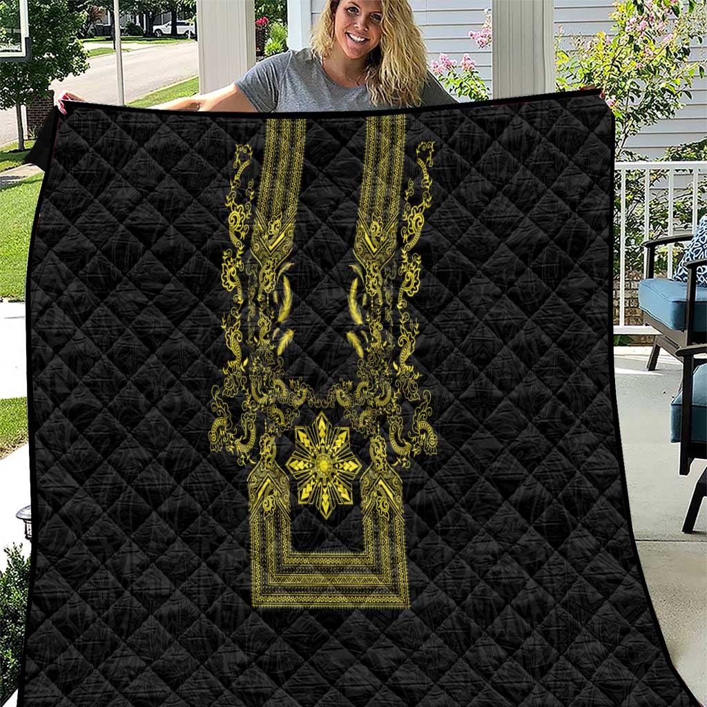 Philippines Barong Style Quilt with Polynesian Art and Leaf Motif Black-Gold Color