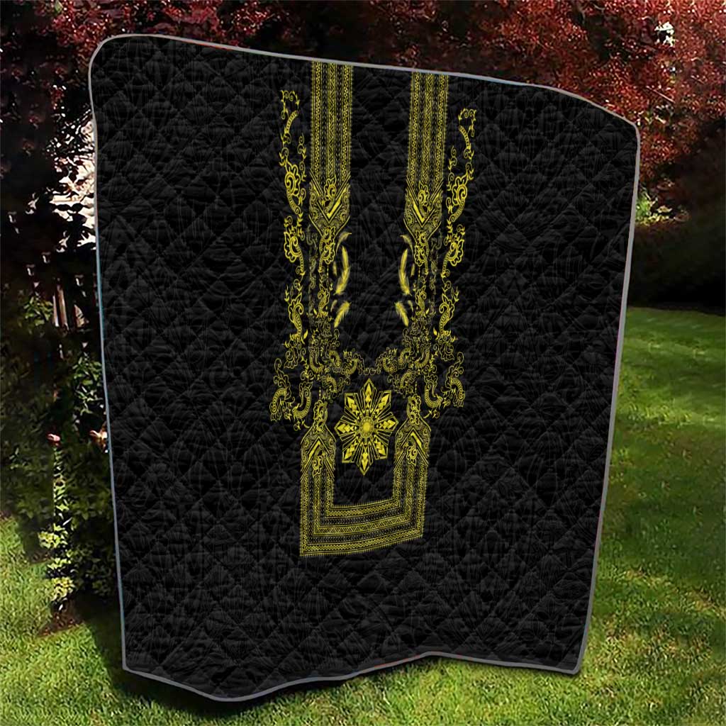 Philippines Barong Style Quilt with Polynesian Art and Leaf Motif Black-Gold Color