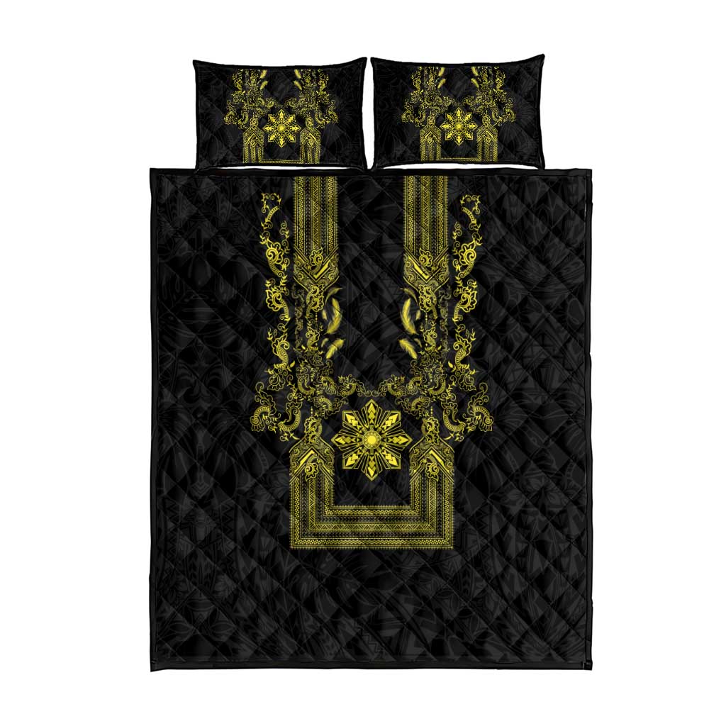 Philippines Barong Style Quilt Bed Set with Polynesian Art and Leaf Motif Black-Gold Color