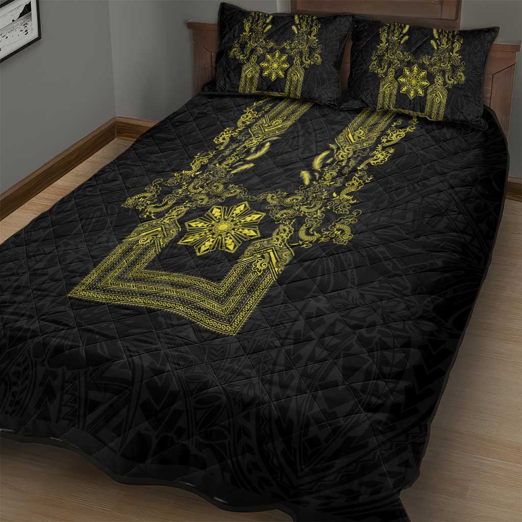 Philippines Barong Style Quilt Bed Set with Polynesian Art and Leaf Motif Black-Gold Color