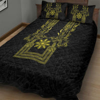 Philippines Barong Style Quilt Bed Set with Polynesian Art and Leaf Motif Black-Gold Color