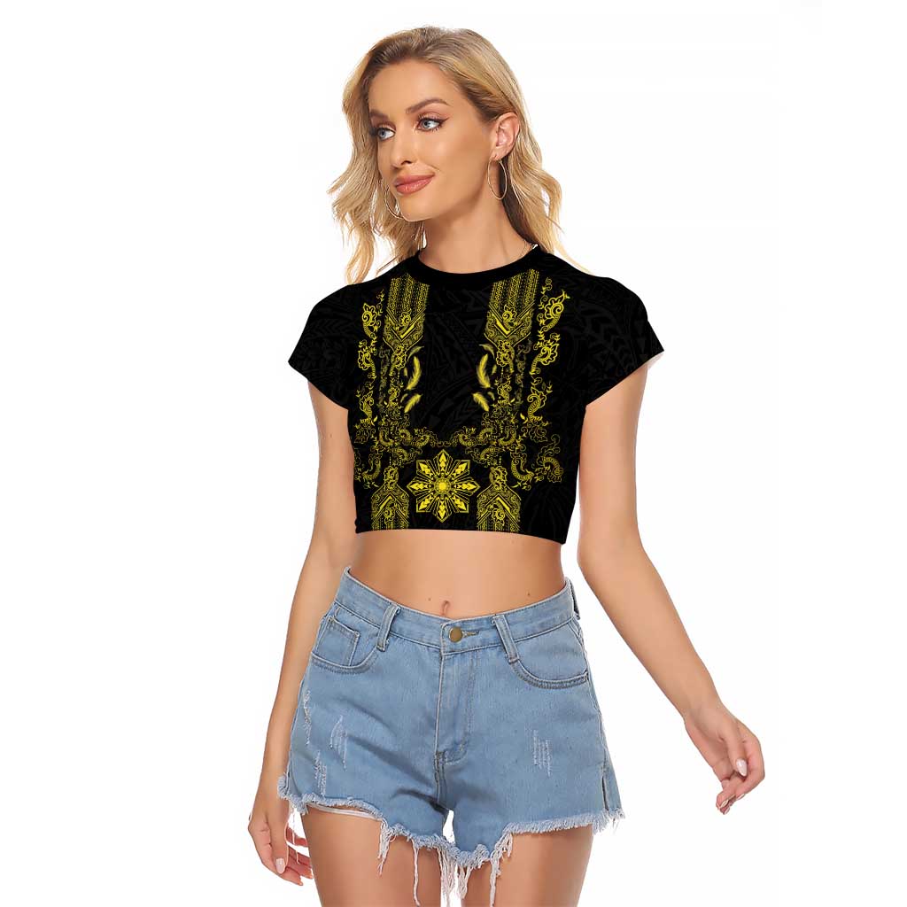 Philippines Barong Style Raglan Cropped T Shirt with Polynesian Art and Leaf Motif Black-Gold Color