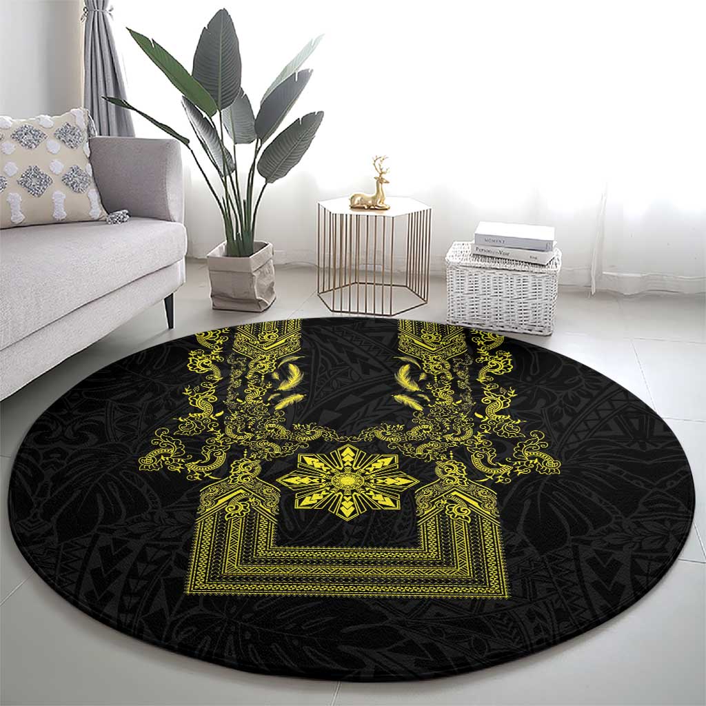 Philippines Barong Style Round Carpet with Polynesian Art and Leaf Motif Black-Gold Color