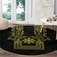 Philippines Barong Style Round Carpet with Polynesian Art and Leaf Motif Black-Gold Color