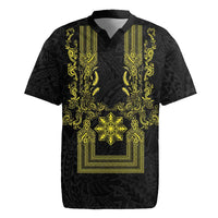 Philippines Barong Style Rugby Jersey with Polynesian Art and Leaf Motif Black-Gold Color