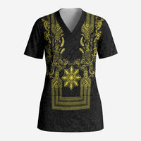 Philippines Barong Style Scrub Top with Polynesian Art and Leaf Motif Black-Gold Color