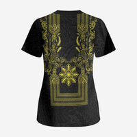 Philippines Barong Style Scrub Top with Polynesian Art and Leaf Motif Black-Gold Color