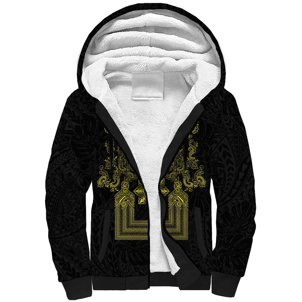 Philippines Barong Style Sherpa Hoodie with Polynesian Art and Leaf Motif Black-Gold Color