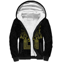 Philippines Barong Style Sherpa Hoodie with Polynesian Art and Leaf Motif Black-Gold Color