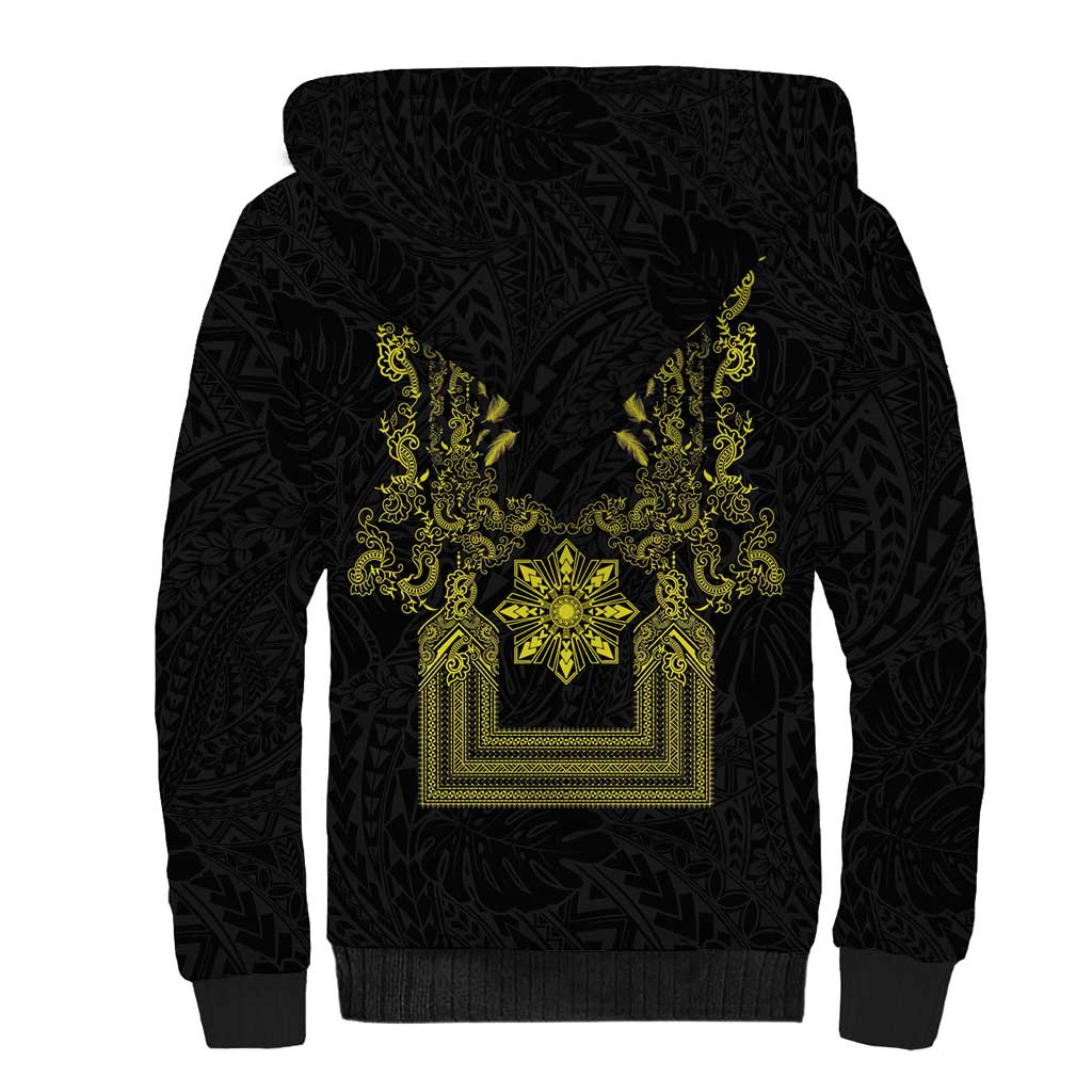Philippines Barong Style Sherpa Hoodie with Polynesian Art and Leaf Motif Black-Gold Color