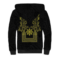 Philippines Barong Style Sherpa Hoodie with Polynesian Art and Leaf Motif Black-Gold Color