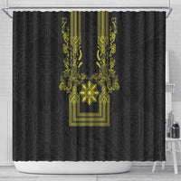 Philippines Barong Style Shower Curtain with Polynesian Art and Leaf Motif Black-Gold Color