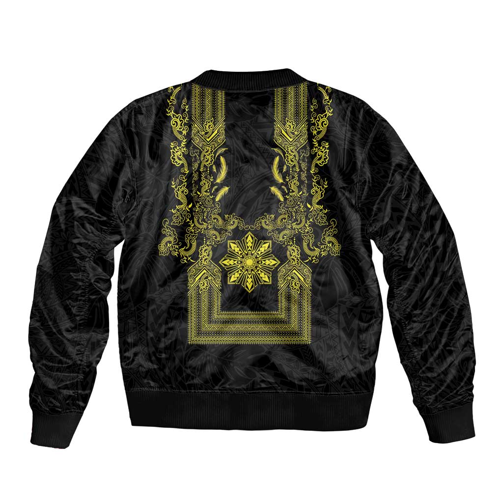 Philippines Barong Style Sleeve Zip Bomber Jacket with Polynesian Art and Leaf Motif Black-Gold Color