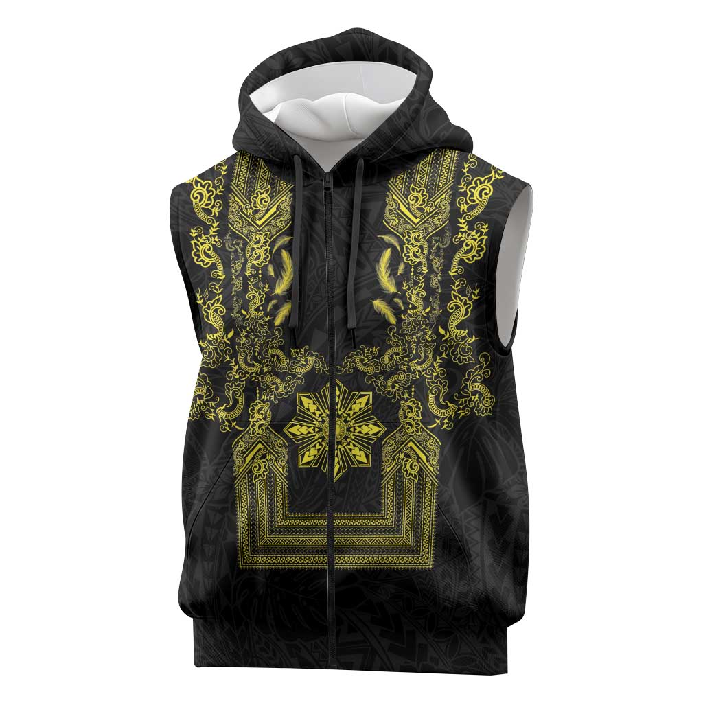 Philippines Barong Style Sleeveless Zip Hoodie with Polynesian Art and Leaf Motif Black-Gold Color