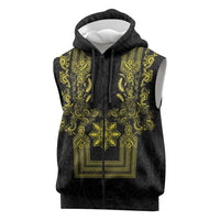 Philippines Barong Style Sleeveless Zip Hoodie with Polynesian Art and Leaf Motif Black-Gold Color