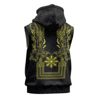 Philippines Barong Style Sleeveless Zip Hoodie with Polynesian Art and Leaf Motif Black-Gold Color