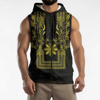 Philippines Barong Style Sleeveless Zip Hoodie with Polynesian Art and Leaf Motif Black-Gold Color