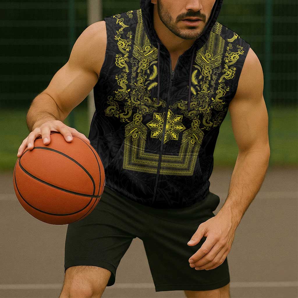 Philippines Barong Style Sleeveless Zip Hoodie with Polynesian Art and Leaf Motif Black-Gold Color