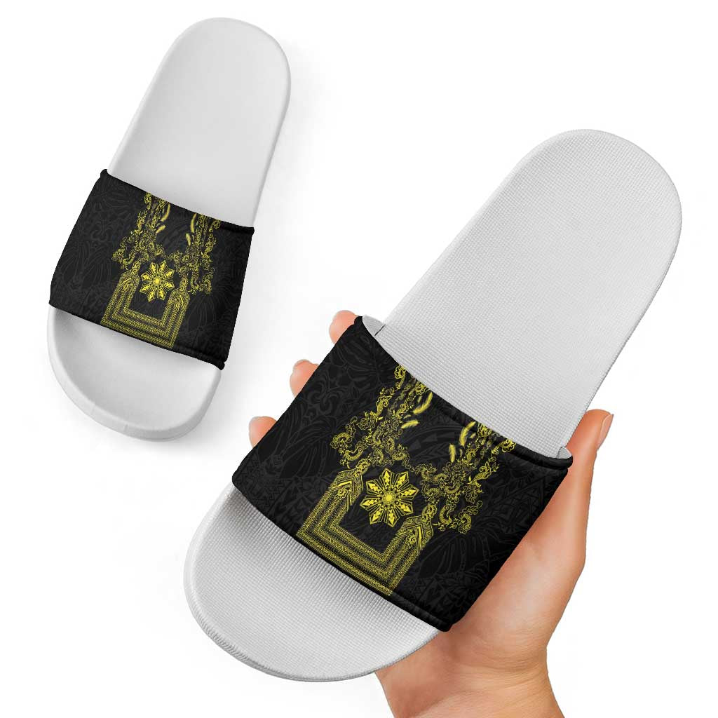 Philippines Barong Style Slide Sandals with Polynesian Art and Leaf Motif Black-Gold Color