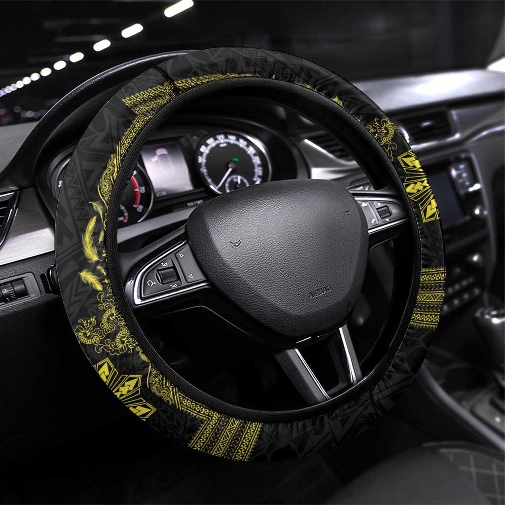 Philippines Barong Style Steering Wheel Cover with Polynesian Art and Leaf Motif Black-Gold Color
