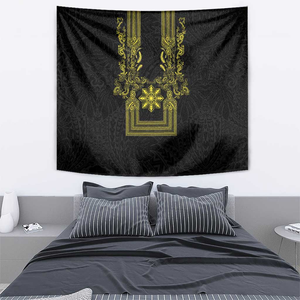 Philippines Barong Style Tapestry with Polynesian Art and Leaf Motif Black-Gold Color