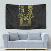 Philippines Barong Style Tapestry with Polynesian Art and Leaf Motif Black-Gold Color