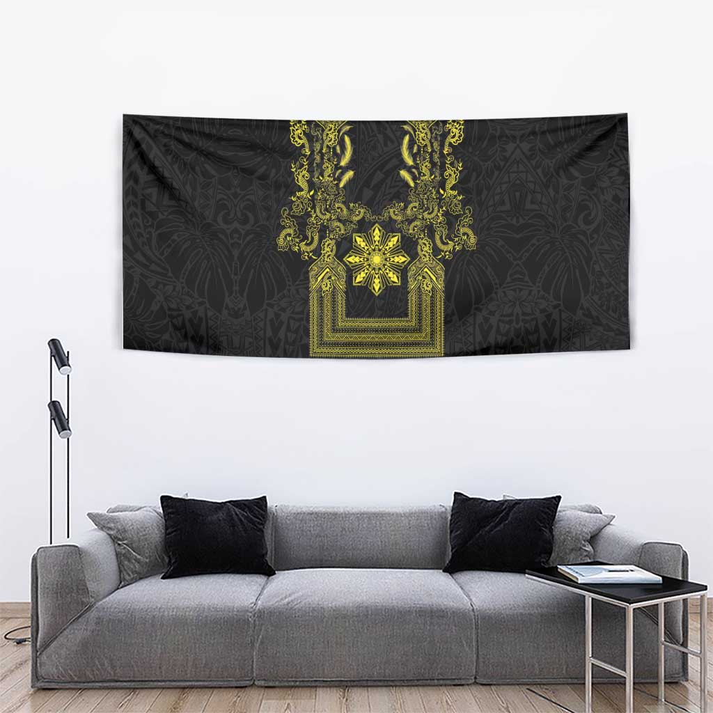 Philippines Barong Style Tapestry with Polynesian Art and Leaf Motif Black-Gold Color