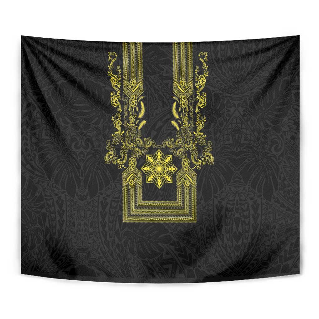 Philippines Barong Style Tapestry with Polynesian Art and Leaf Motif Black-Gold Color
