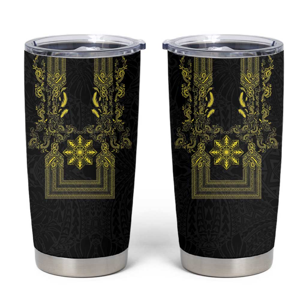 Philippines Barong Style Tumbler Cup with Polynesian Art and Leaf Motif Black-Gold Color