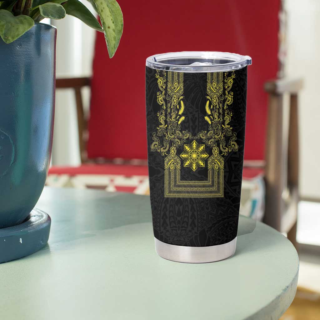 Philippines Barong Style Tumbler Cup with Polynesian Art and Leaf Motif Black-Gold Color