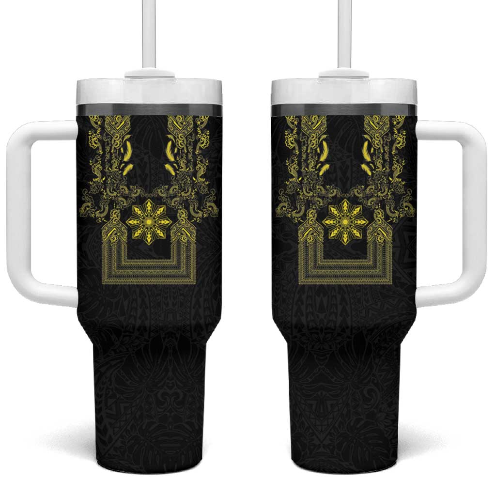 Philippines Barong Style Tumbler With Handle with Polynesian Art and Leaf Motif Black-Gold Color